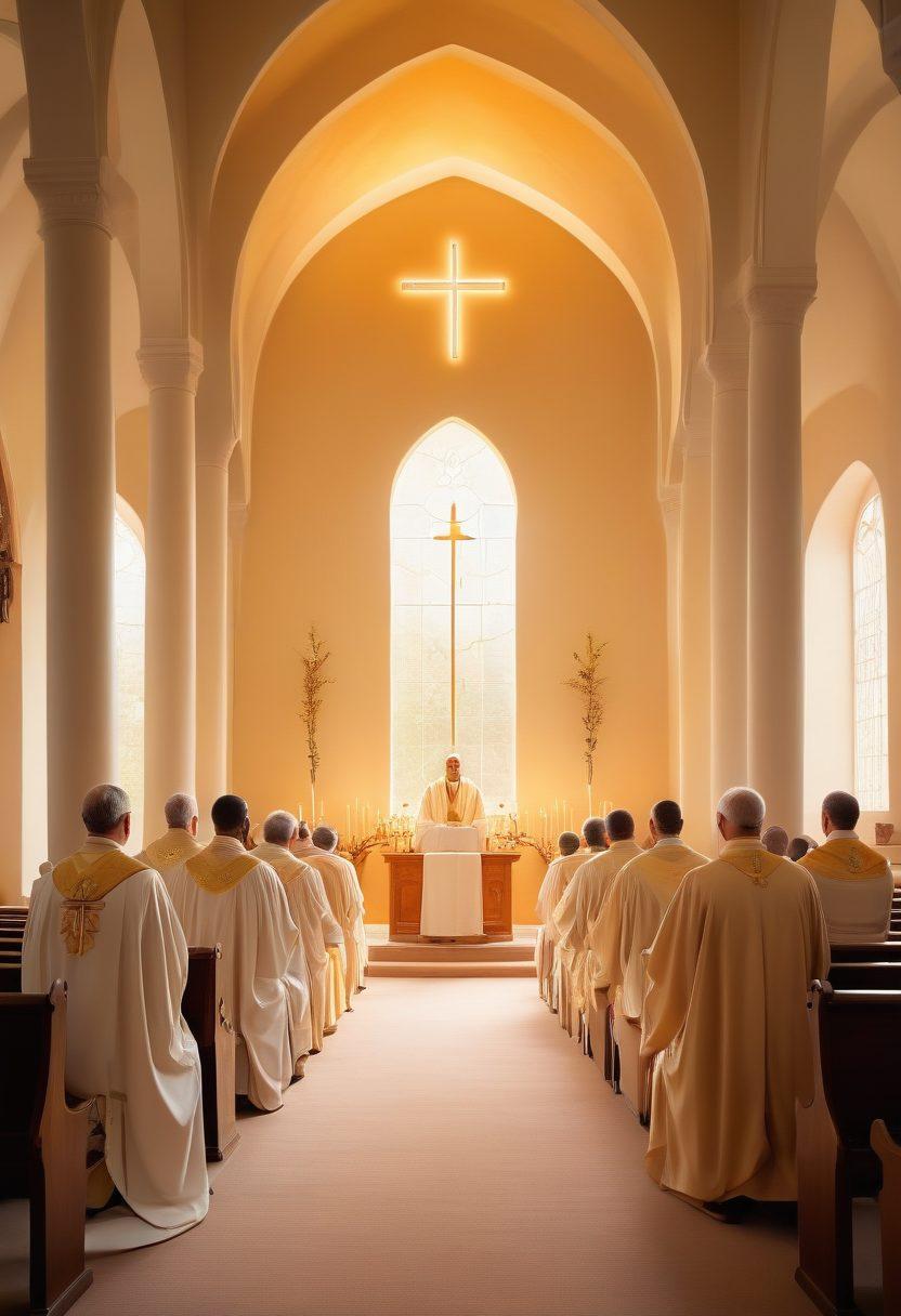 A serene church interior bathed in warm, golden light, featuring a diverse group of individuals clad in traditional ordination robes engaged in a moment of spiritual reflection. Surrounding them, symbols of different faiths are artistically integrated into the design, signifying unity and guidance. A gentle ethereal aura envelops the scene, evoking a sense of divine peace and purpose. oil painting. soft pastel colors. warm lighting.