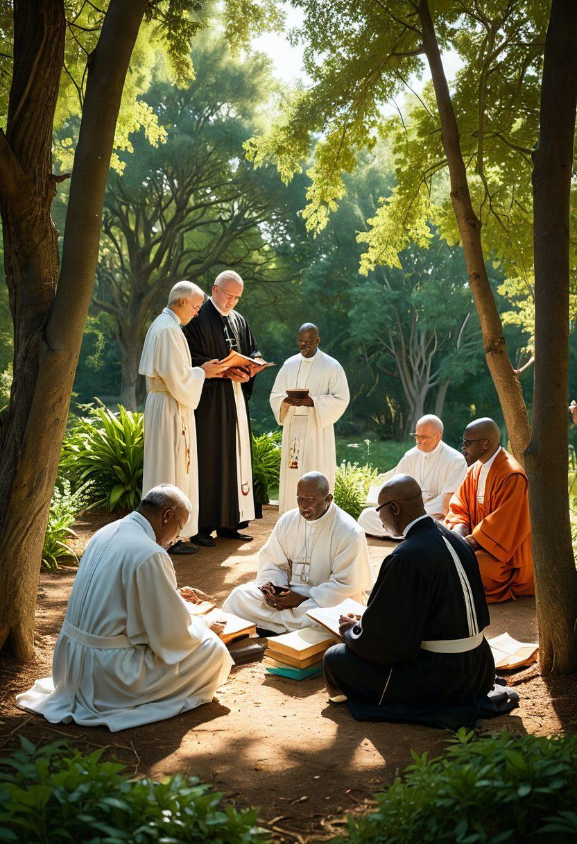 A tranquil scene depicting a diverse group of clergy members engaged in spiritual guidance with individuals from different backgrounds, surrounded by nature, open books, and soft light filtering through trees. The atmosphere should convey warmth, wisdom, and compassion, symbolizing the nurturing aspect of faith journeys. super-realistic. vibrant colors. serene background.