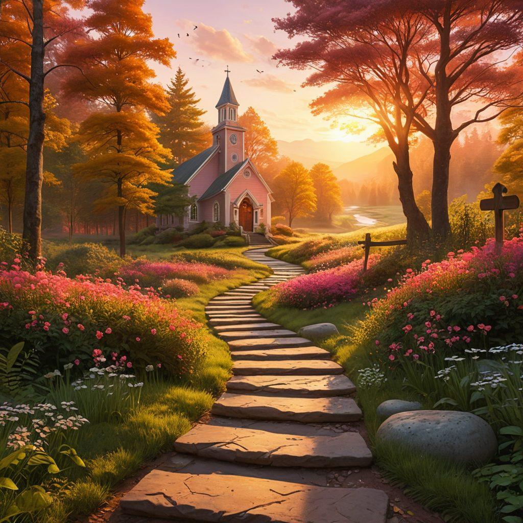 A serene landscape depicting a winding path leading through a lush forest, symbolizing the journey of faith. Along the path, glowing stepping stones with inspirational quotes and gentle light radiating from them. In the distance, a silhouette of a church or a cross, under a sky painted with soft, warm colors of dawn. Emphasize tranquility and hope in the scene. super-realistic. vibrant colors. 3D.